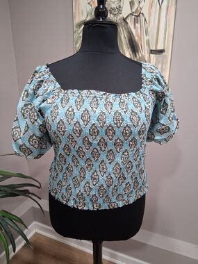 Maurices Blue Patterned Smocked Square-Neck Blouse